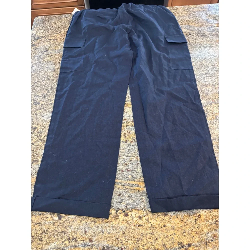 NWT Zara Linen Blend Cargo Pants Tie Waist Relaxed Fit Cropped Blue‎ Small